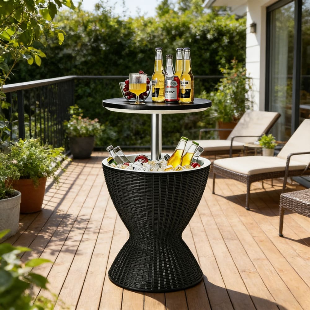 Outdoor Rattan Cooler Table With Extendable Top And Storage Rack_voghion.com